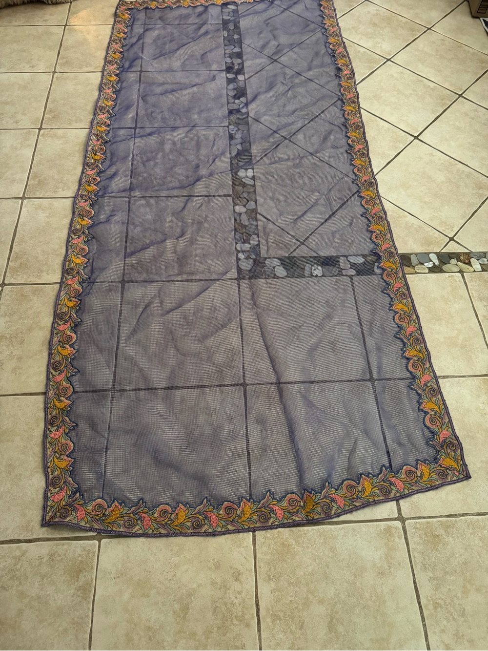 Embroidered Sheer Tablecloth 39x89 Blue Purple Floral Boho Scalloped Border